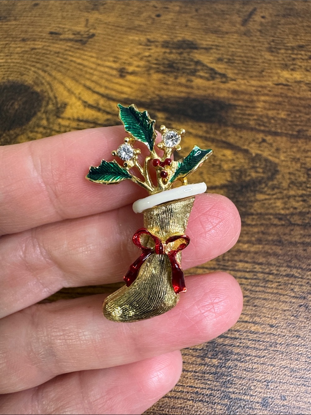 Vintage Gold, Green and Red Holiday Stocking Brooch